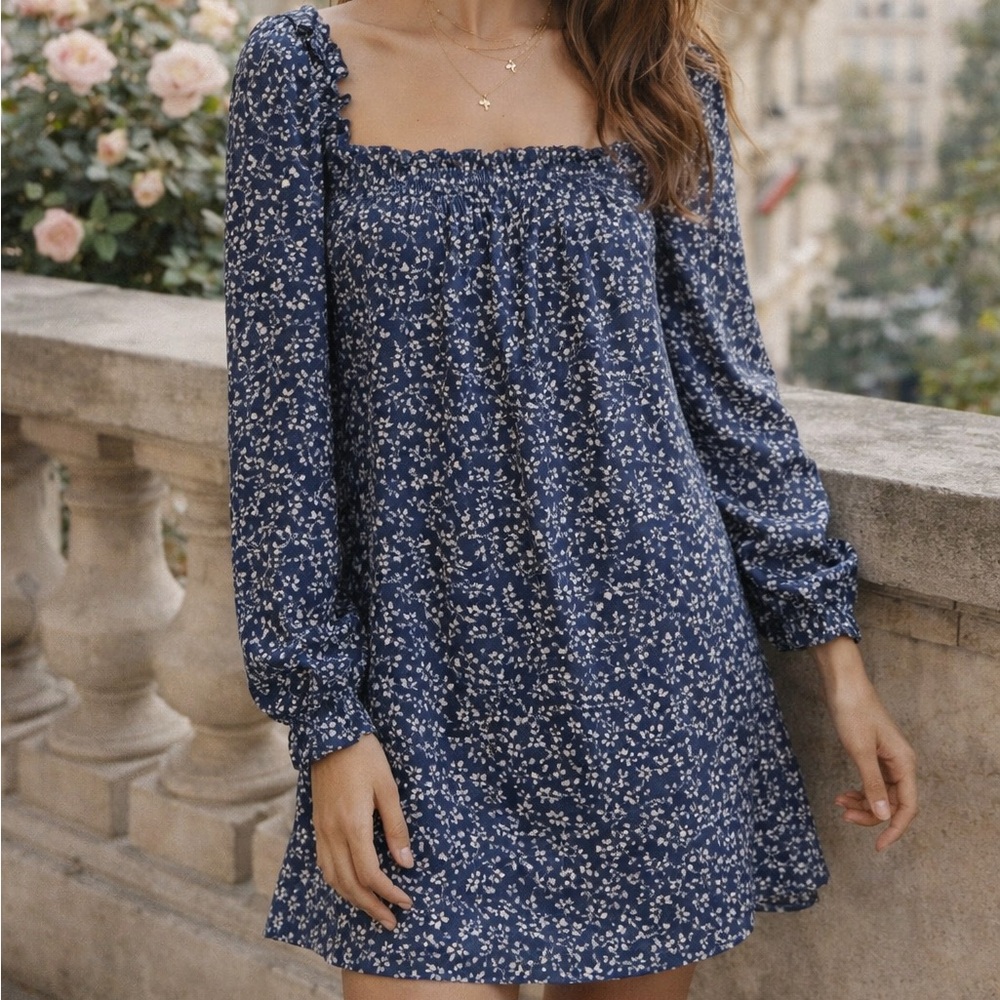 REFORMATION Hudsen Blue Floral Mini Dress Romantic Square Neck | M